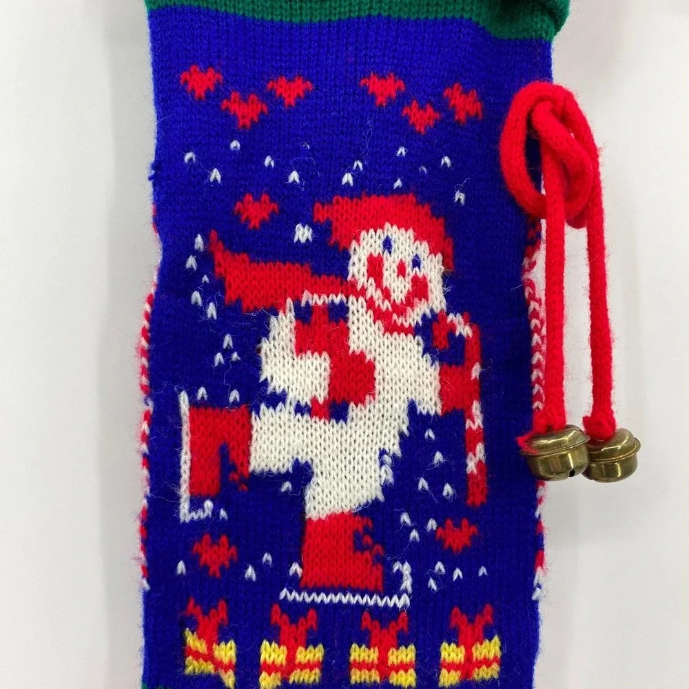 Christmas Stocking‎ Snowman Knit Red Green Blue Bells Hanging Holiday Decor VTG
